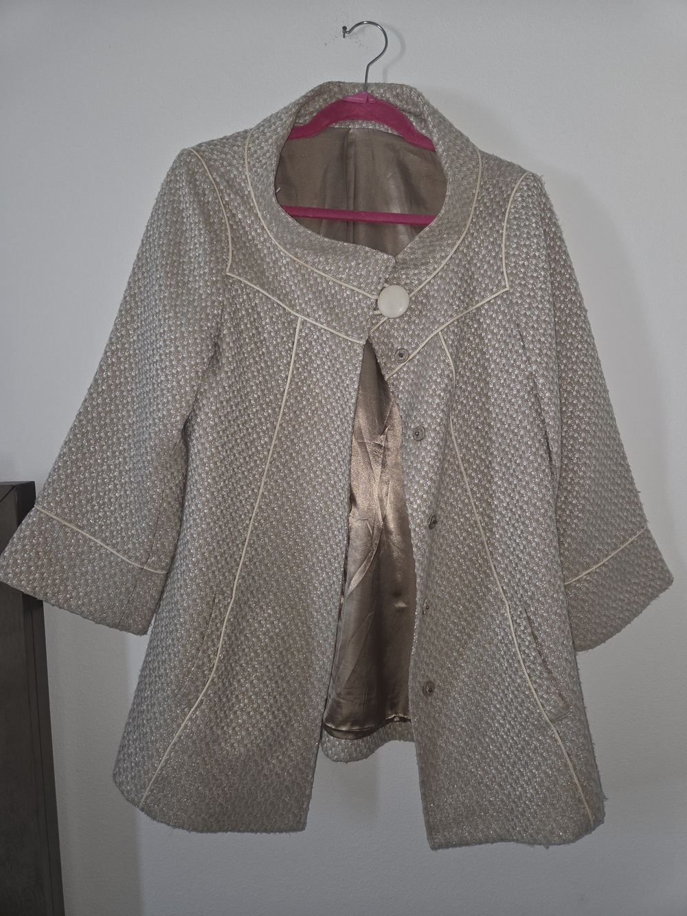 BCBGirls Cream Textured Pea Coat with Statement Button